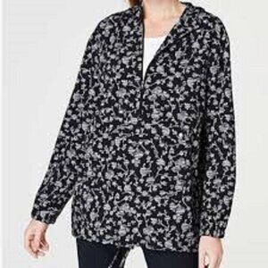 J Jill Fit On the Go Hooded Windbreaker Women's size S Floral Black White NEW